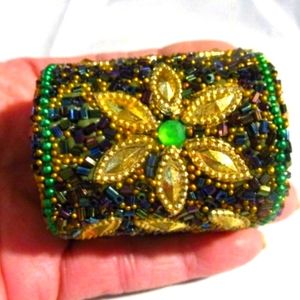 Handmade Green Gold Floral Jeweled Beaded Trinket Box 2"x1.5"x1.5"